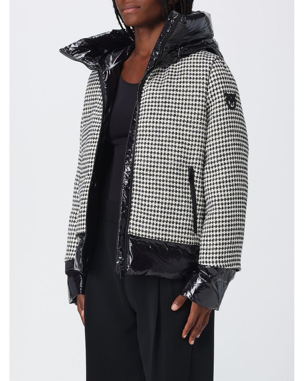 Pinko Gray Short Quilted Vichy Tweed And Nylon Down Jacket With Hood