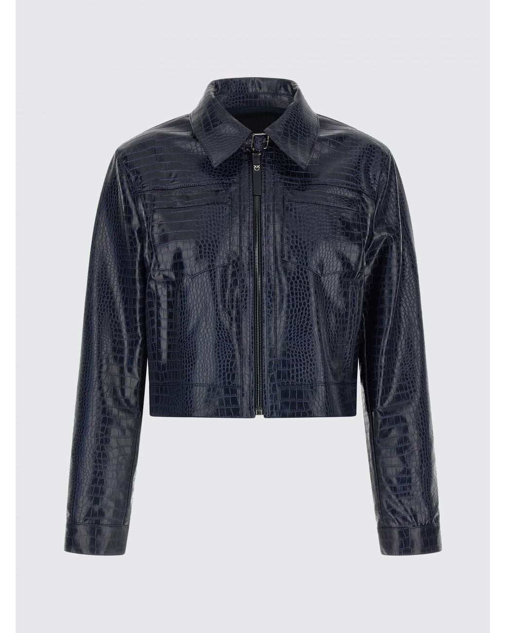 Pinko Blue Short Faux Leather Jacket With Crocodile Effect And Zip Closure
