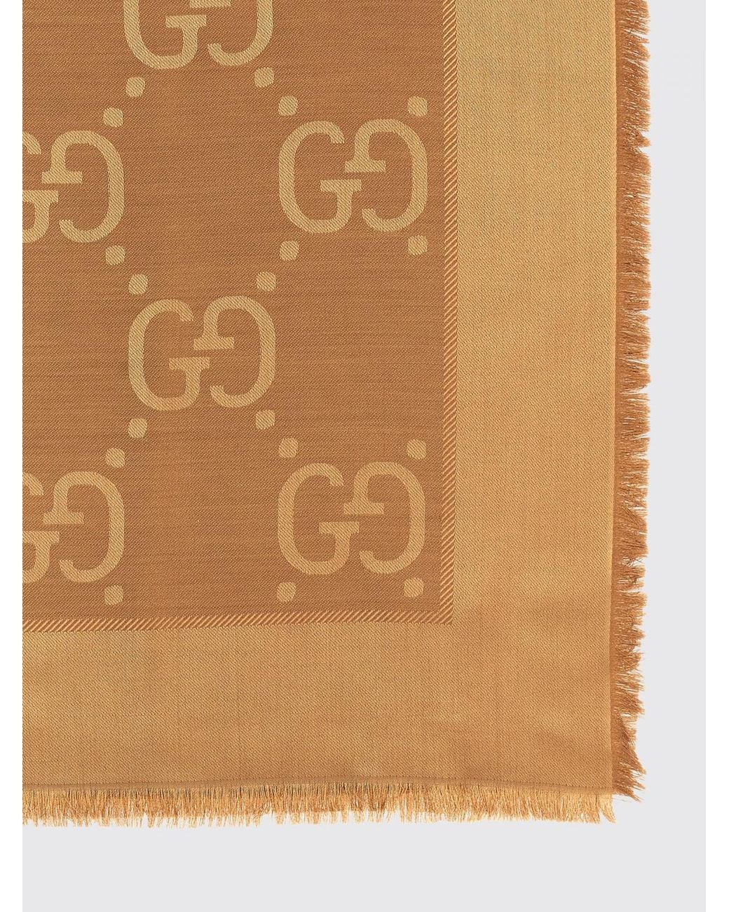 Gucci Natural Gg Monogram Jacquard Wool And Silk Scarf With Fringed Hem