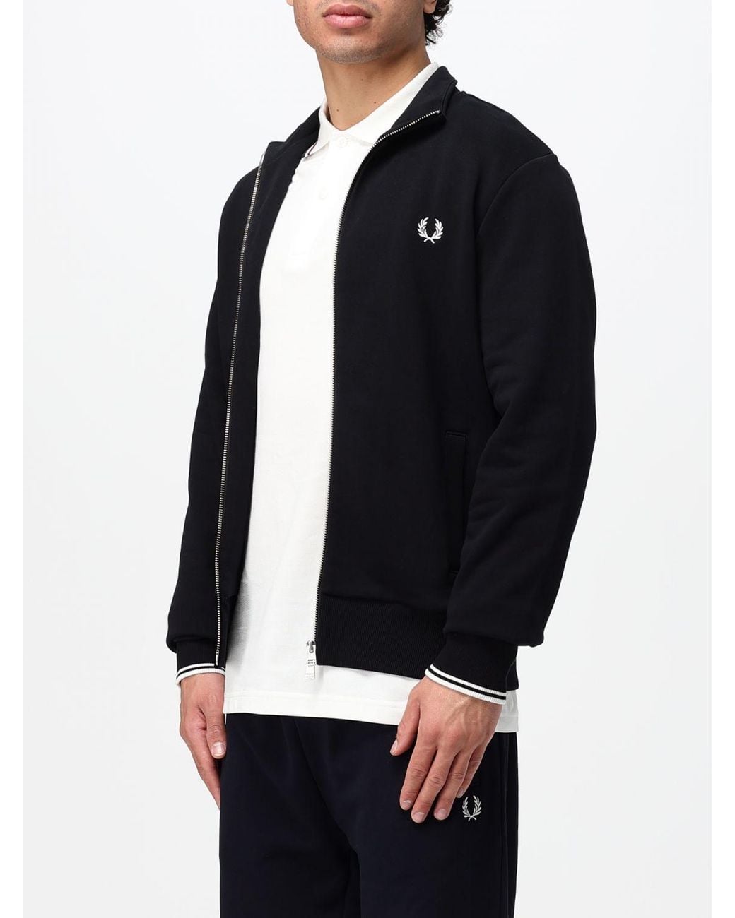 Fred Perry Blue High Neck Cotton Zip-Up Sweatshirt With Embroidered Logo for men