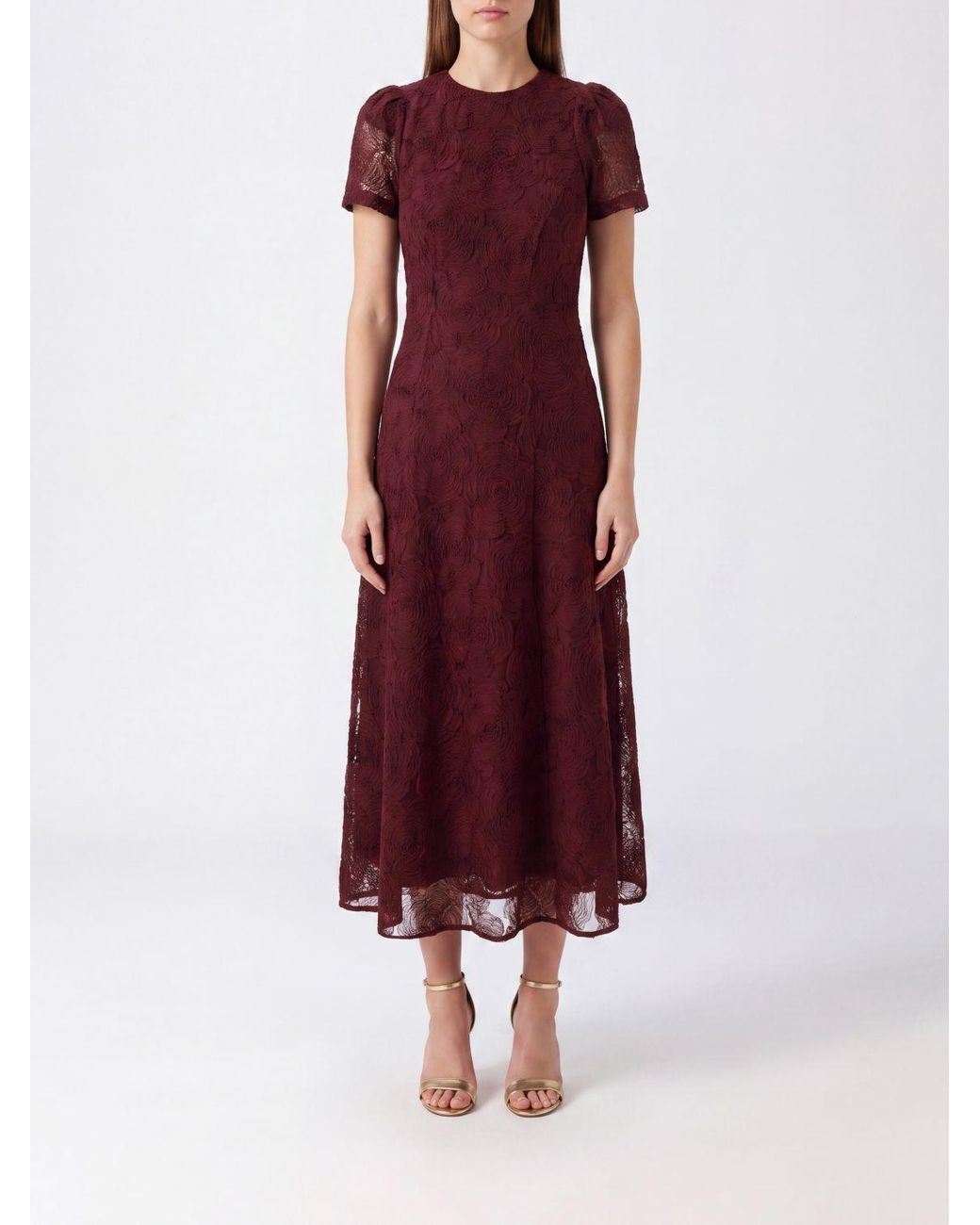 ROTATE BIRGER CHRISTENSEN Red A-Line Mesh Midi Dress With Full Skirt And Short Sleeves