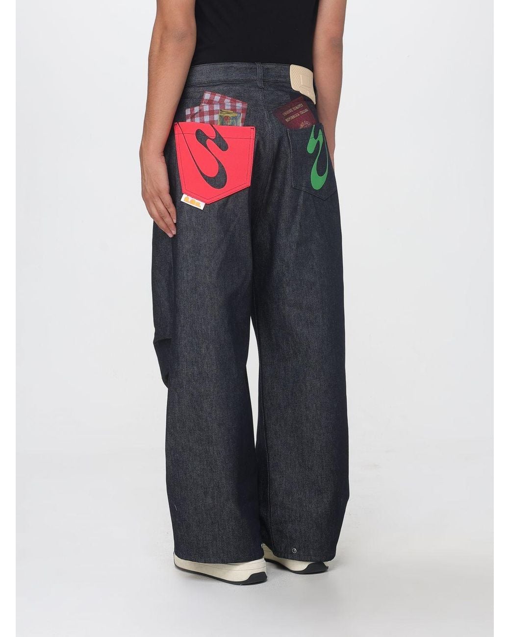 PDF Blue Wide Leg Graphic Print Cotton Denim Jeans With Pleats for men