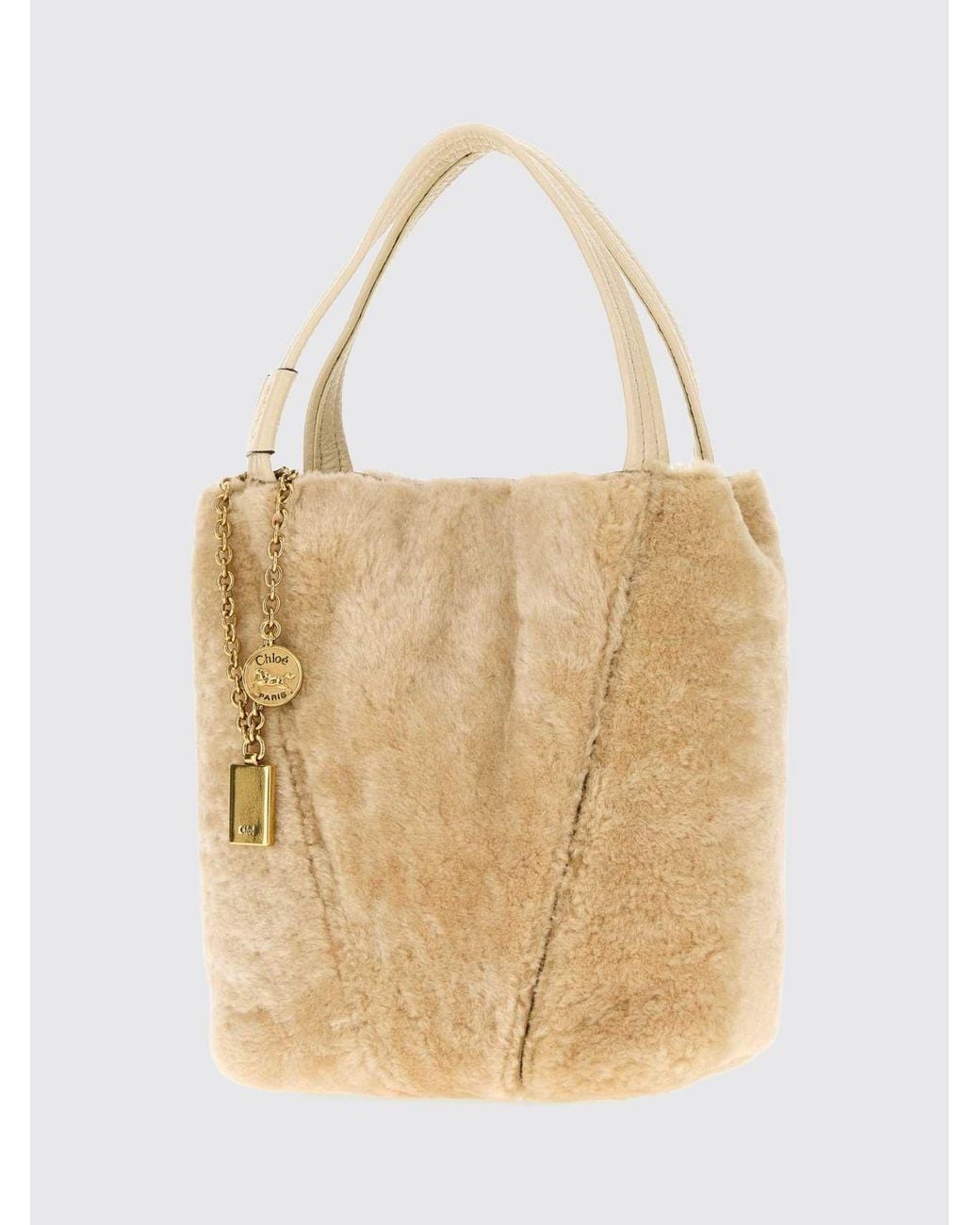 Chloé Natural Chlo&Eacute Spin Shearling Shoulder Bag With Double Handle And Decorative Charm