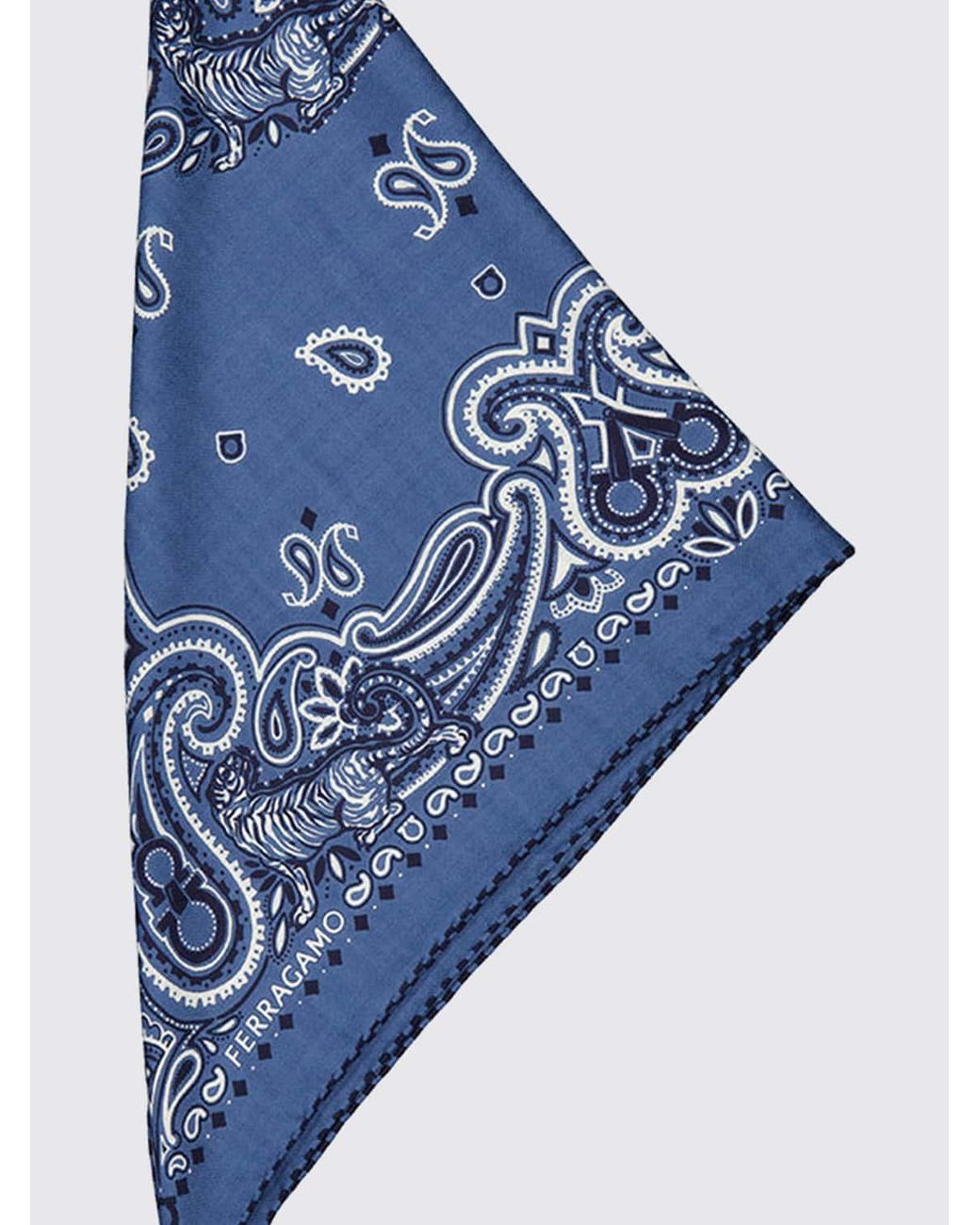 Ferragamo Blue Arabesque Cashmere And Wool Triangle Scarf With Logo for men