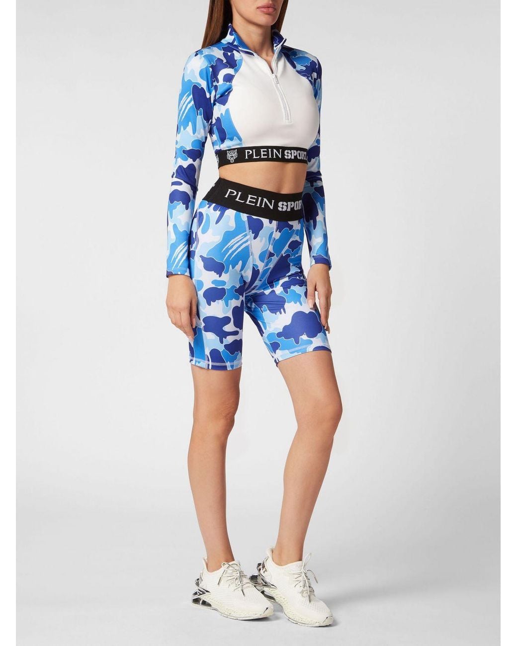 Philipp Plein Blue High-Waisted Camouflage Print Cycling Shorts
