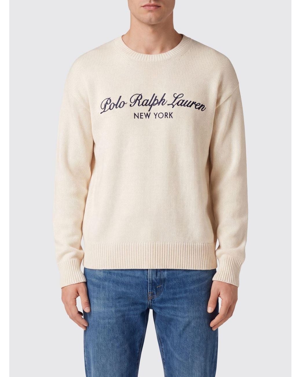 Polo Ralph Lauren Blue Wool And Cotton Blend Jumper With Jacquard Logo for men
