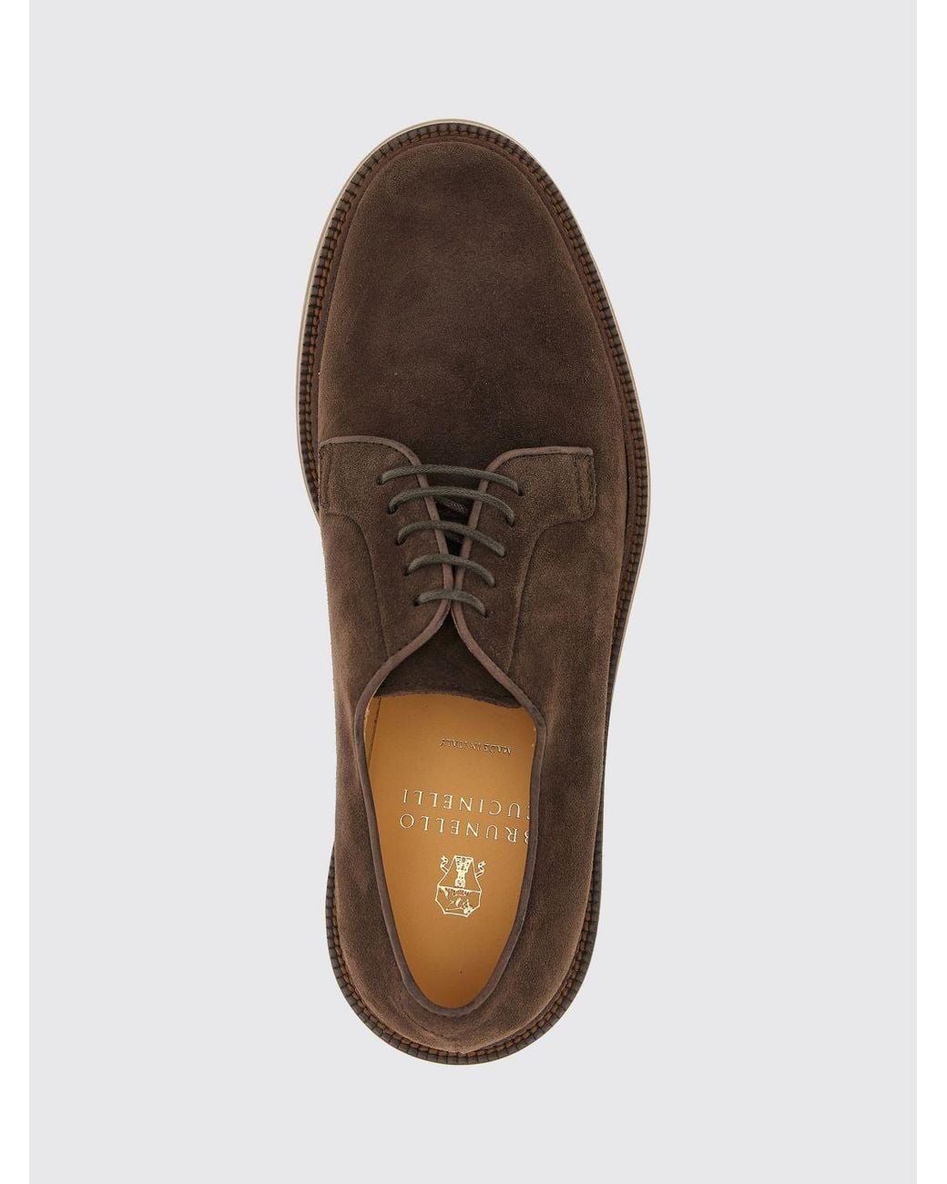 Brunello Cucinelli Brown Suede Calfskin Derby Shoes With Rubber Sole for men