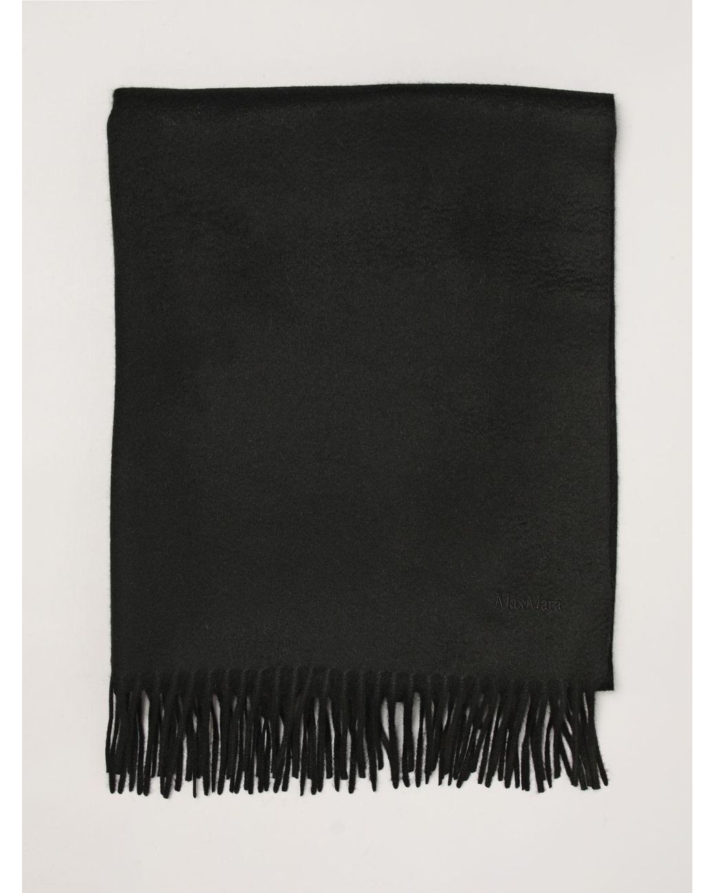 Max Mara Black Baci Pure Cashmere Scarf With Embroidered Logo And Fringes