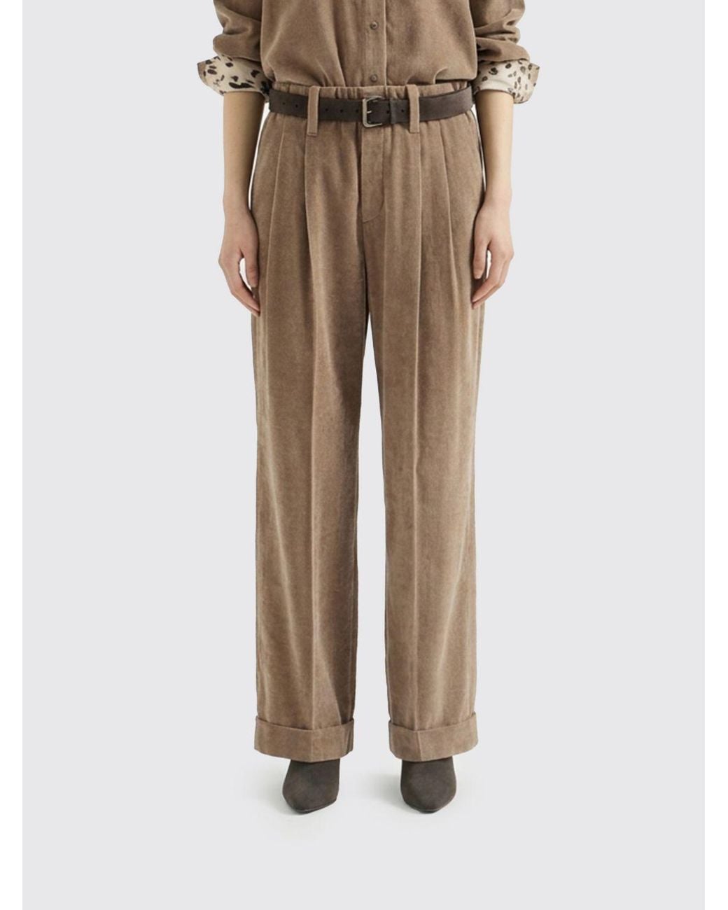 Brunello Cucinelli Natural High-Waisted Wide-Leg Velvet Trousers With Darts