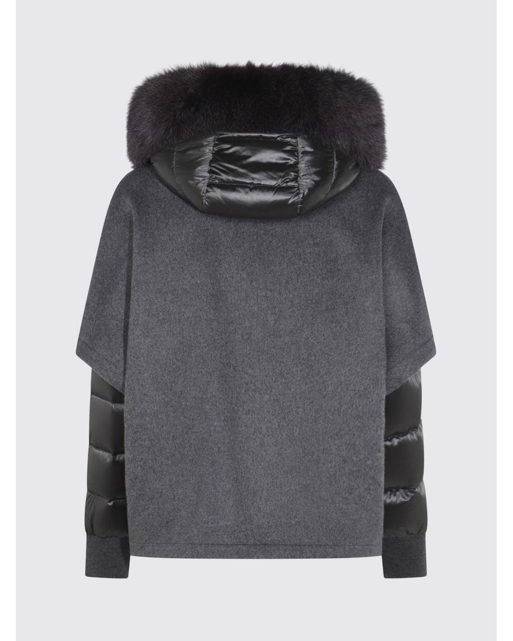 Moorer Blue Short Wool And Cashmere Coat With Shearling Hood