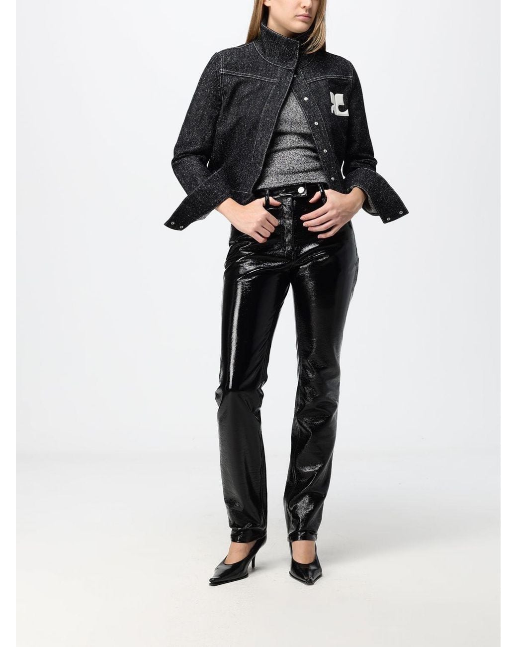 Courreges Black CourrÈ Ges Short Denim Jacket With Contrast Logo And Funnel Neck