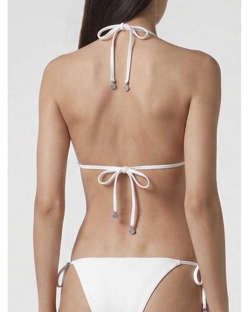 Philipp Plein Natural Triangle Monogram Print Bikini Top With Logo Detail