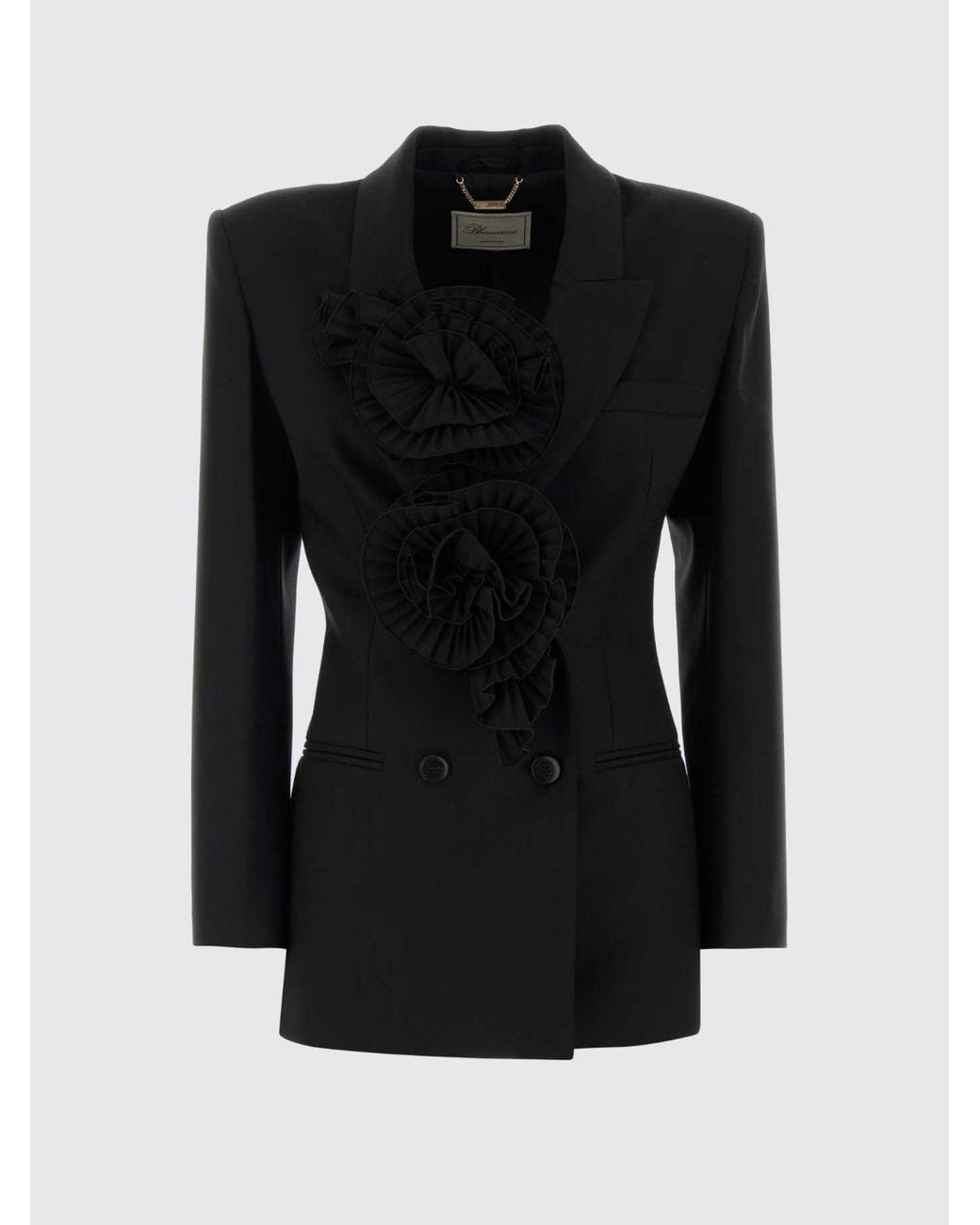 Blumarine Black Double-Breasted Wool-Blend Blazer With Flower Appliqué On The Lapel