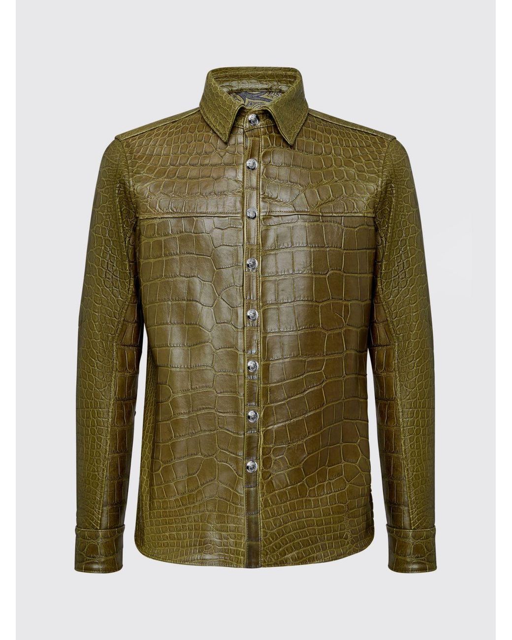 Billionaire Green Crocodile Print Leather Shirt for men