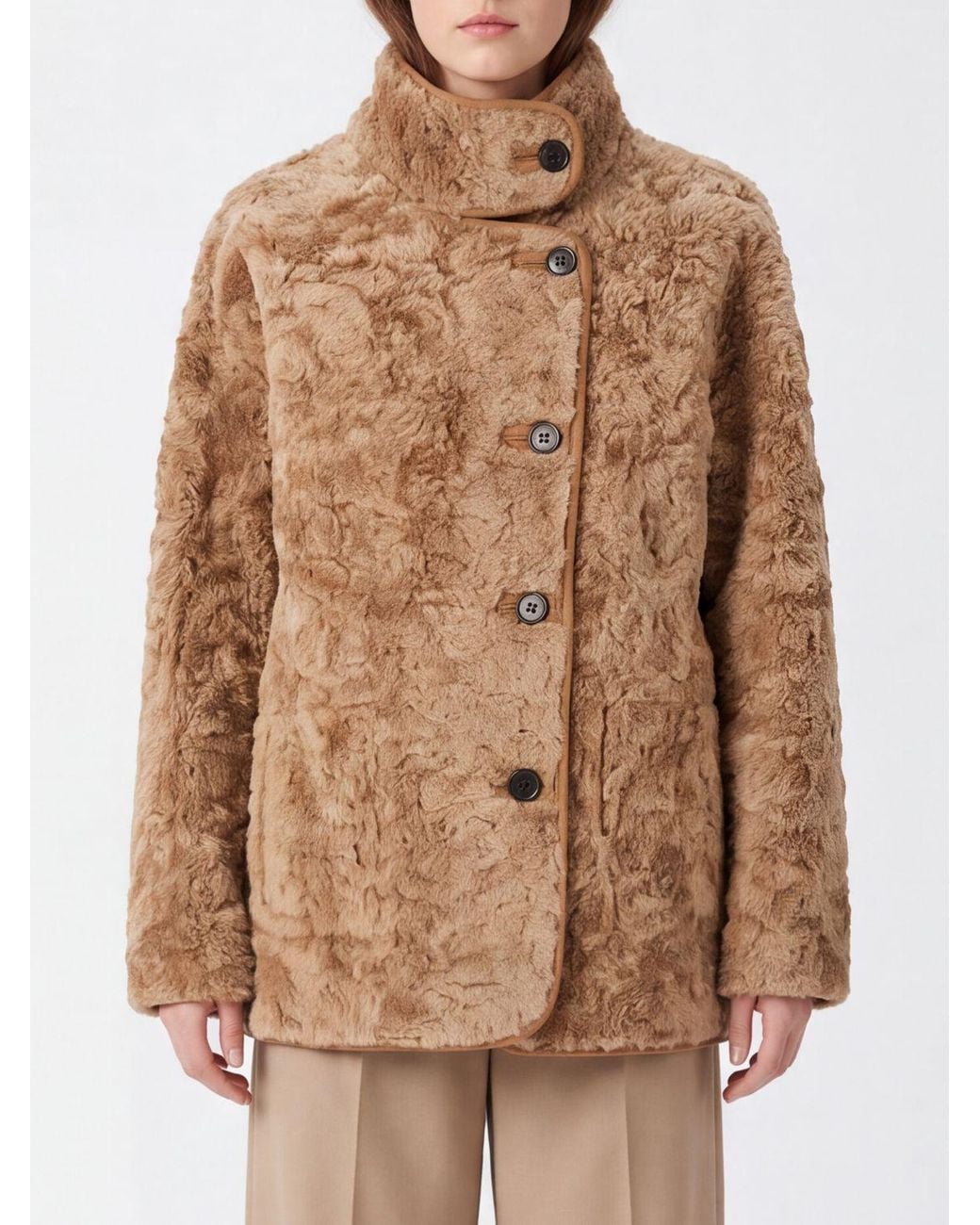 Low Classic Brown Reversible Shearling Faux Fur Coat With High Neck