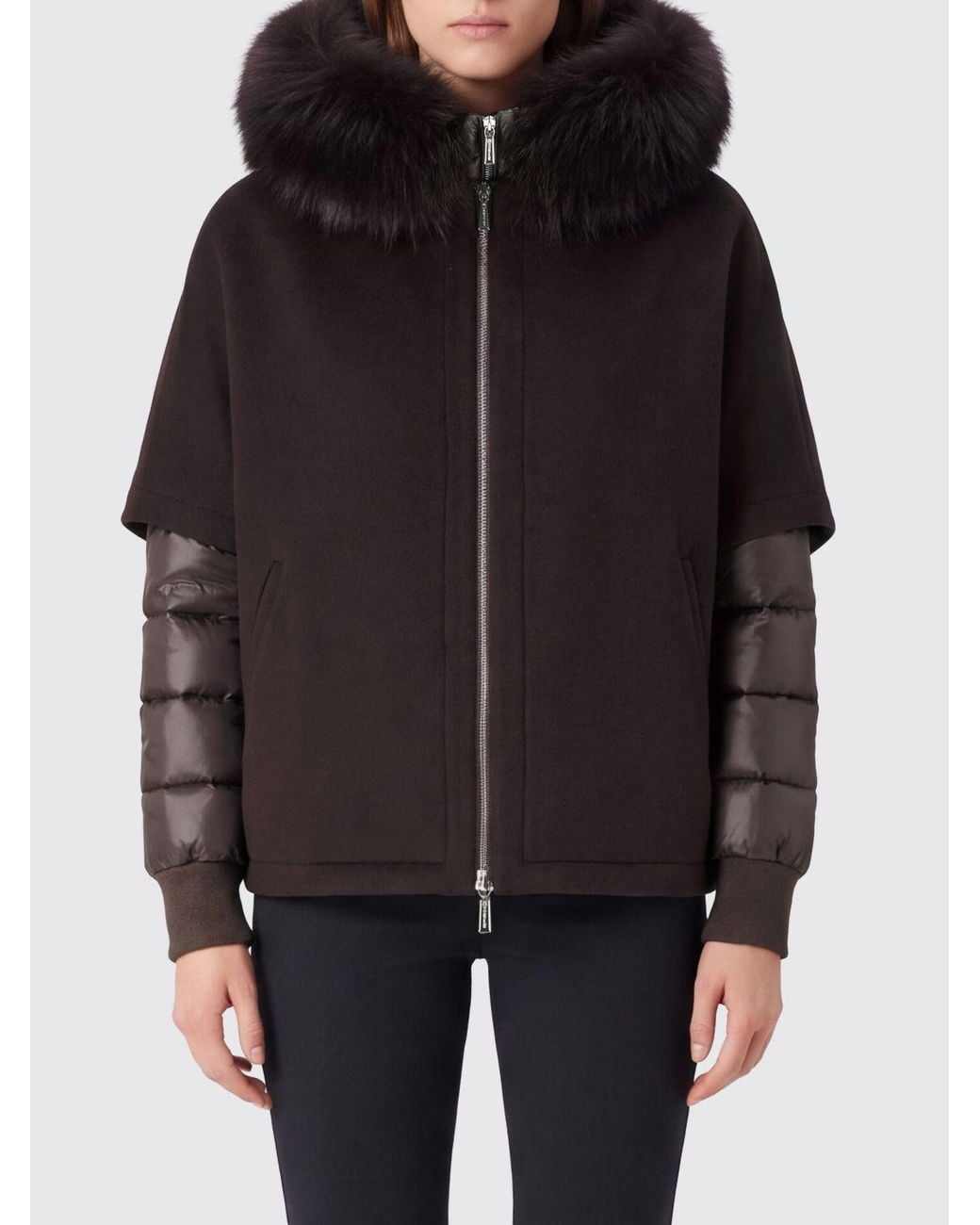 Moorer Black Short Wool And Cashmere Coat With Shearling Hood
