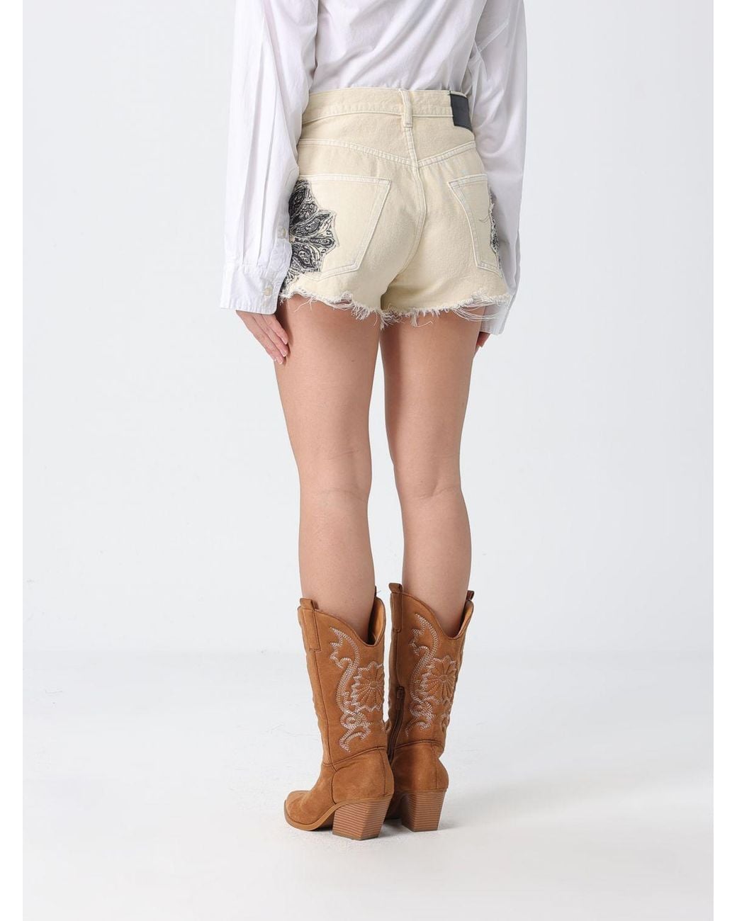 R13 White Printed Cotton Denim Shorts