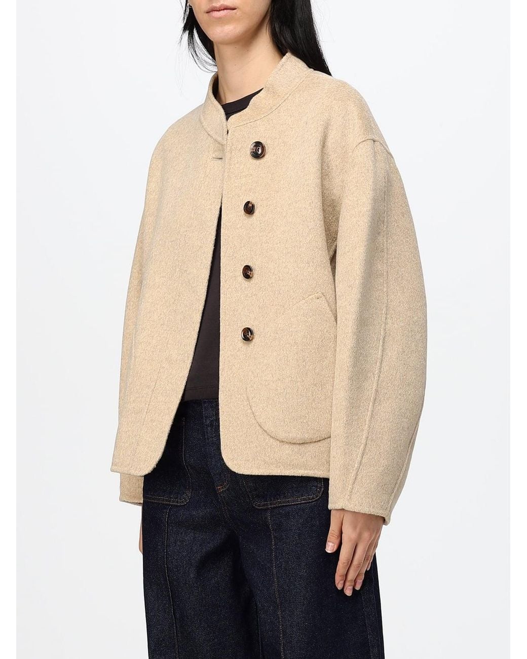 Soeur Natural Single-Breasted Short Wool-Blend Coat With Dropped Shoulders