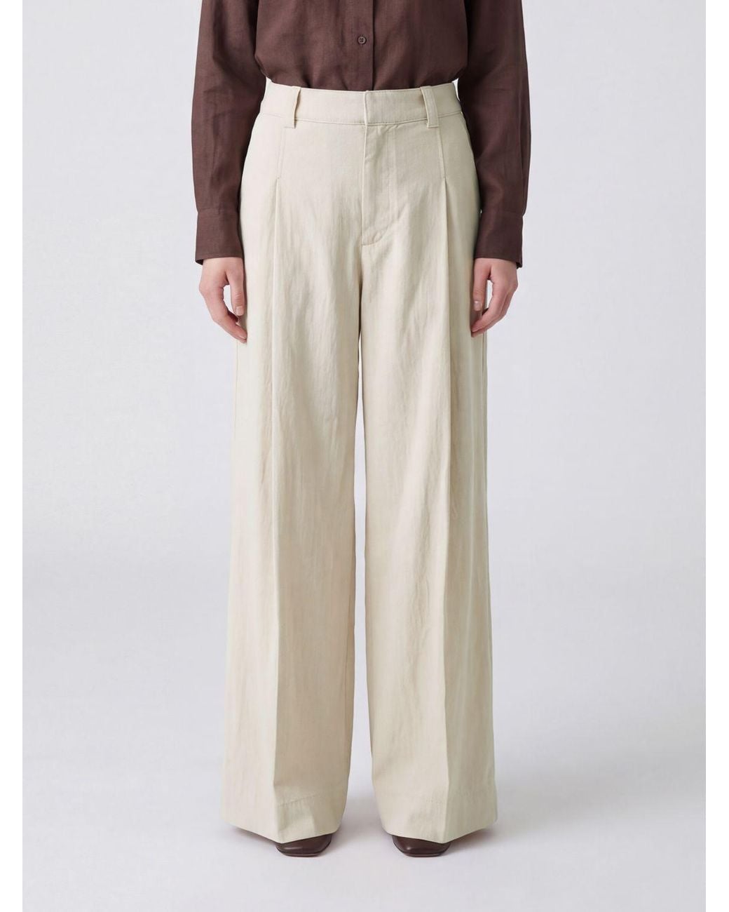 Brunello Cucinelli Natural High-Waisted Stretch Cotton Palazzo Trousers With Monili