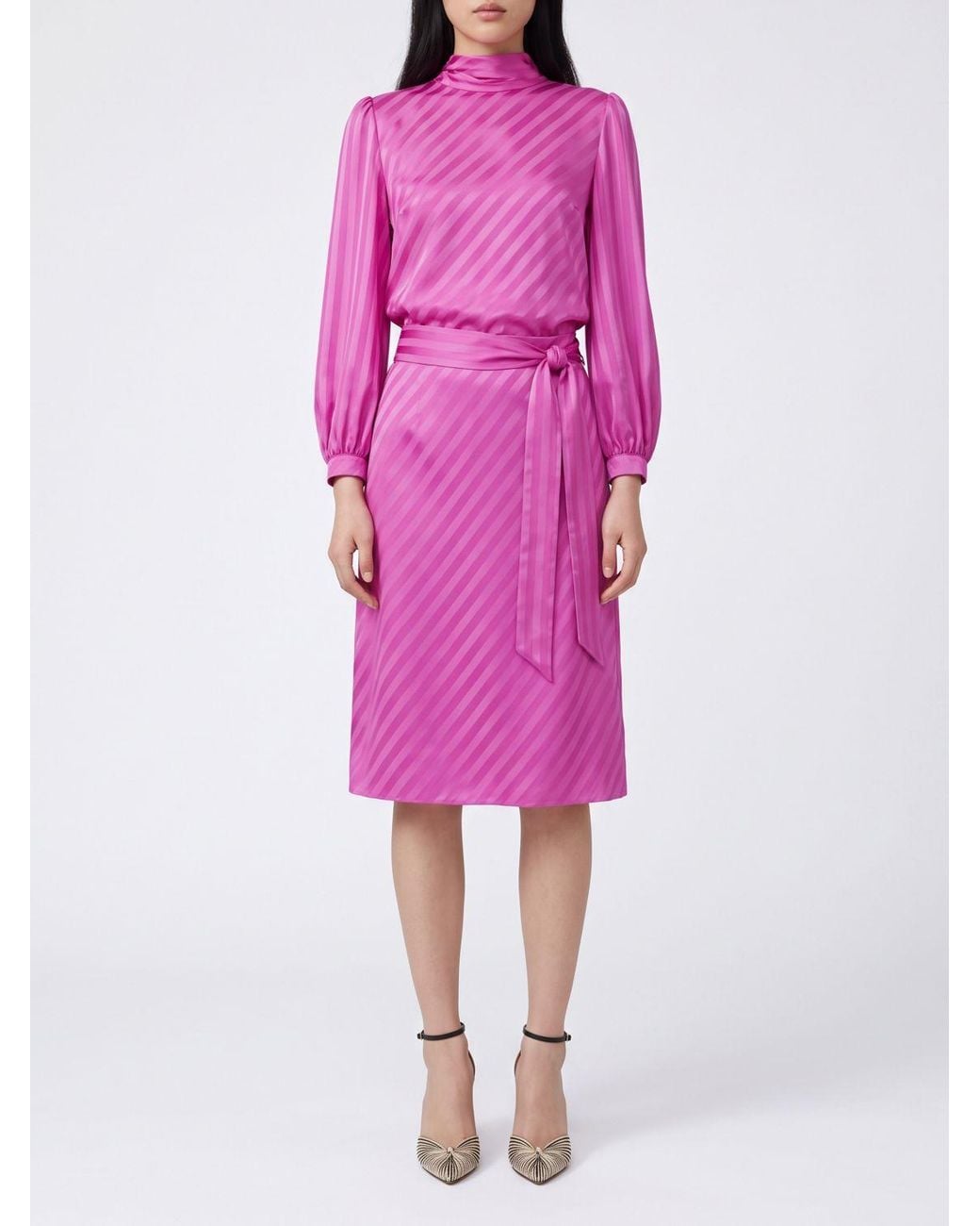 Valentino Garavani Pink Striped Silk High-Neck Sheath Midi Dress With Sash Belt