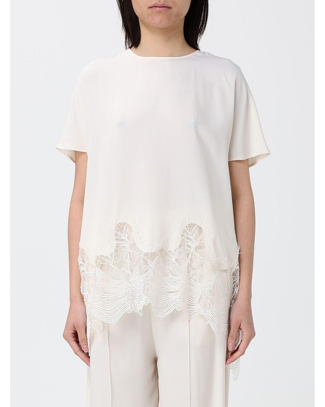 Fabiana Filippi White Silk Blend Crew-Neck Blouse With Lace Inserts