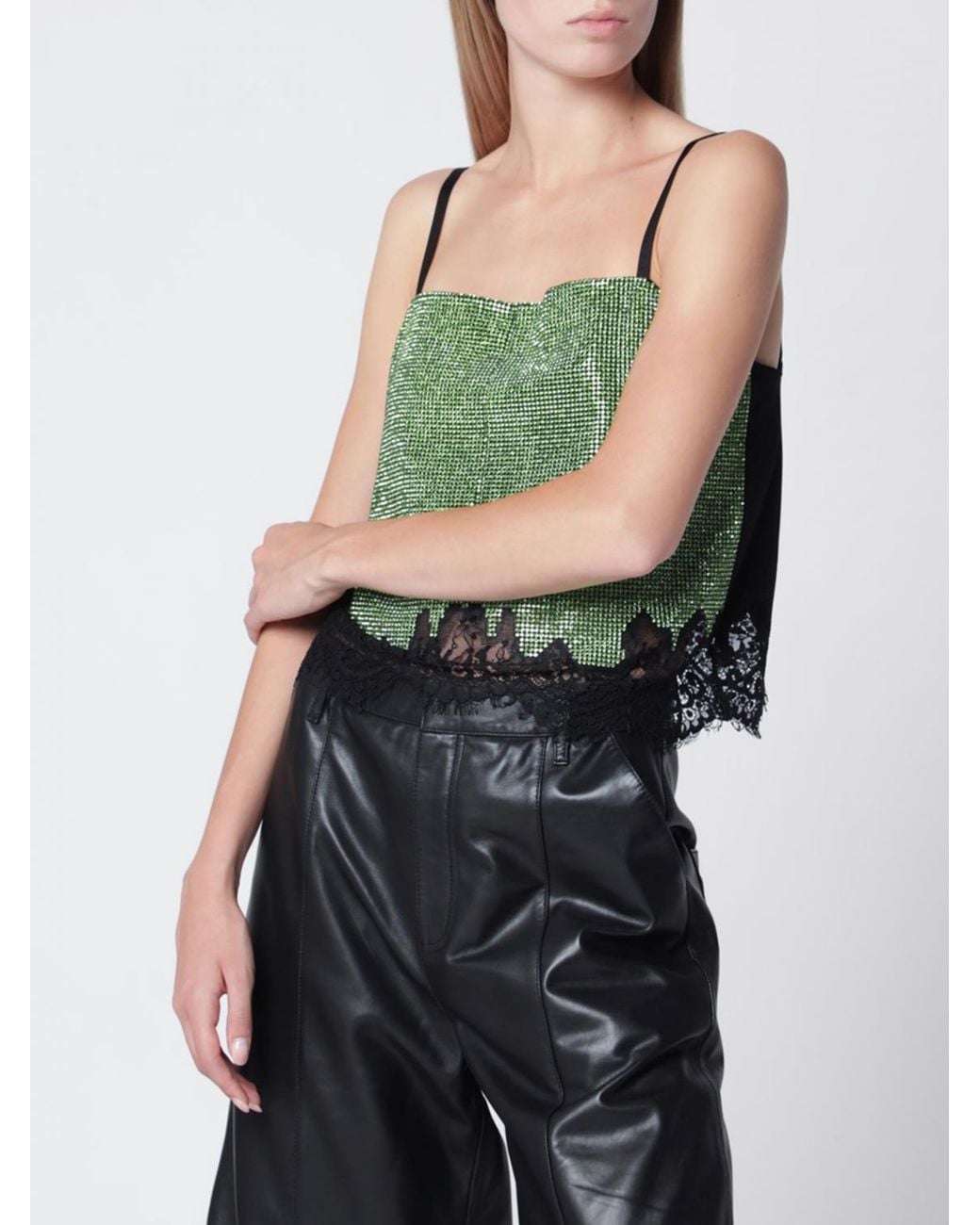 Self-Portrait Green Off-The-Shoulder Evening Top With Lace And Rhinestones