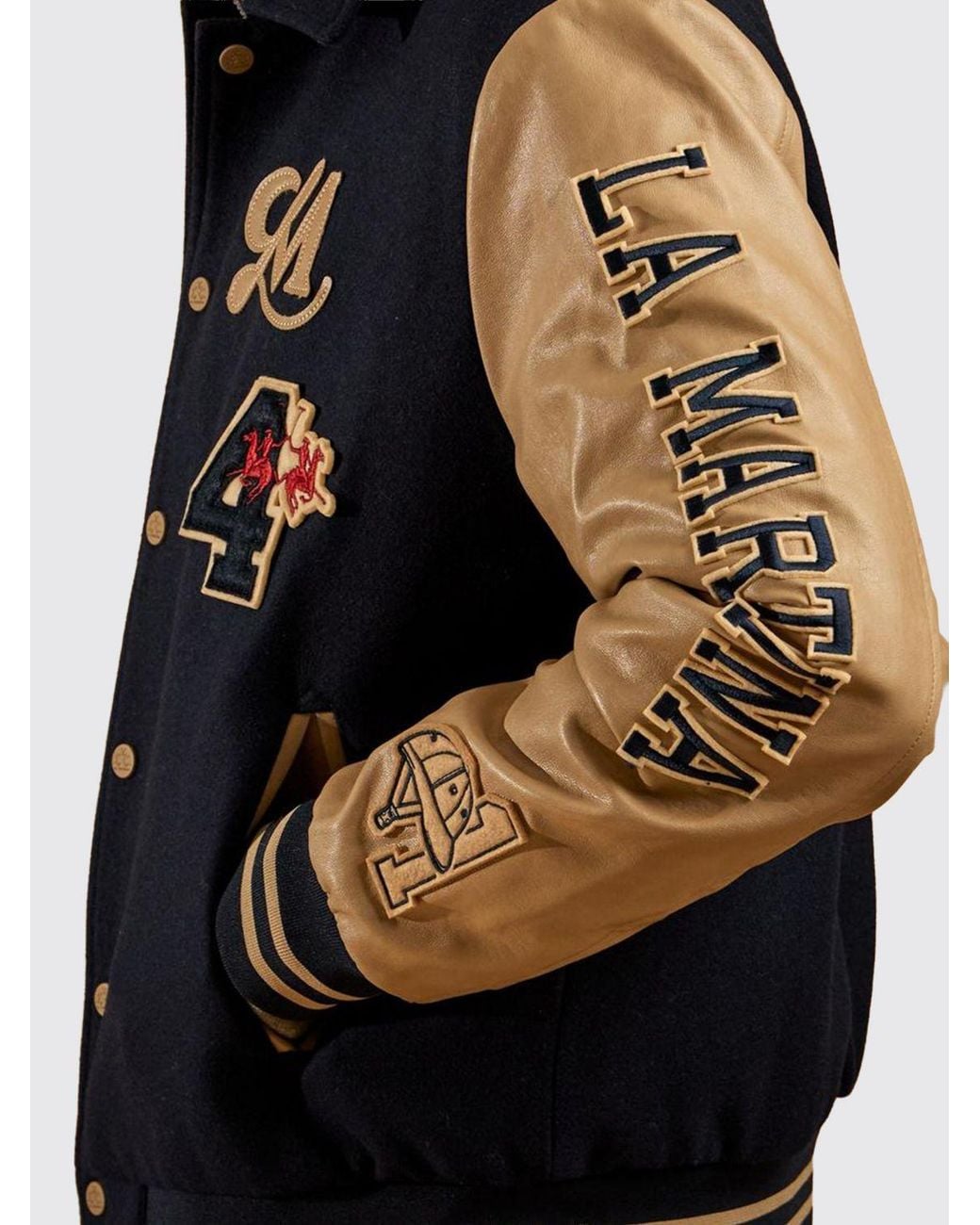 La Martina Black Bicolor Wool Blend Varsity Bomber Jacket With Patches for men