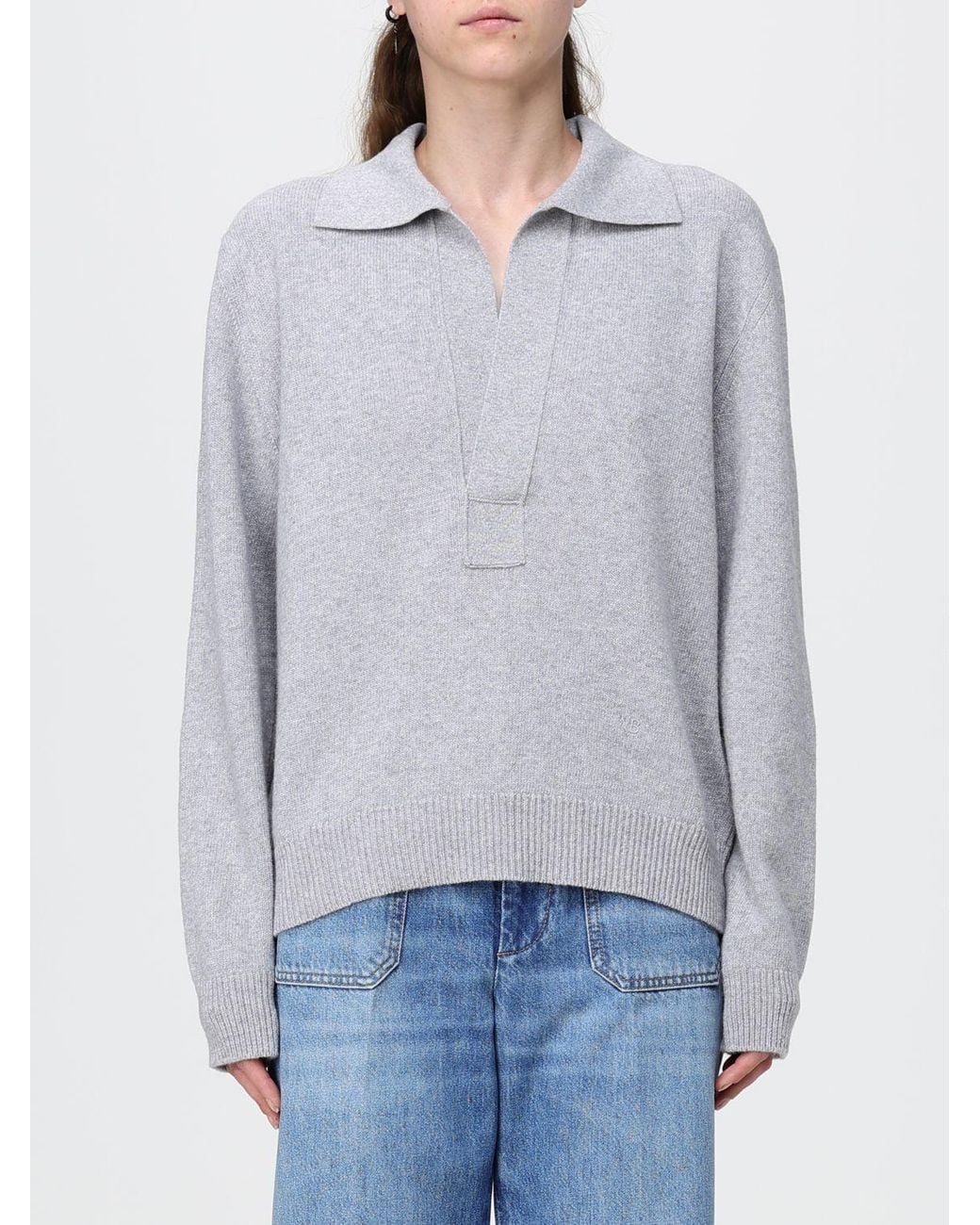 Victoria Beckham Gray V-Neck Merino Wool And Cashmere Blend Knit Polo
