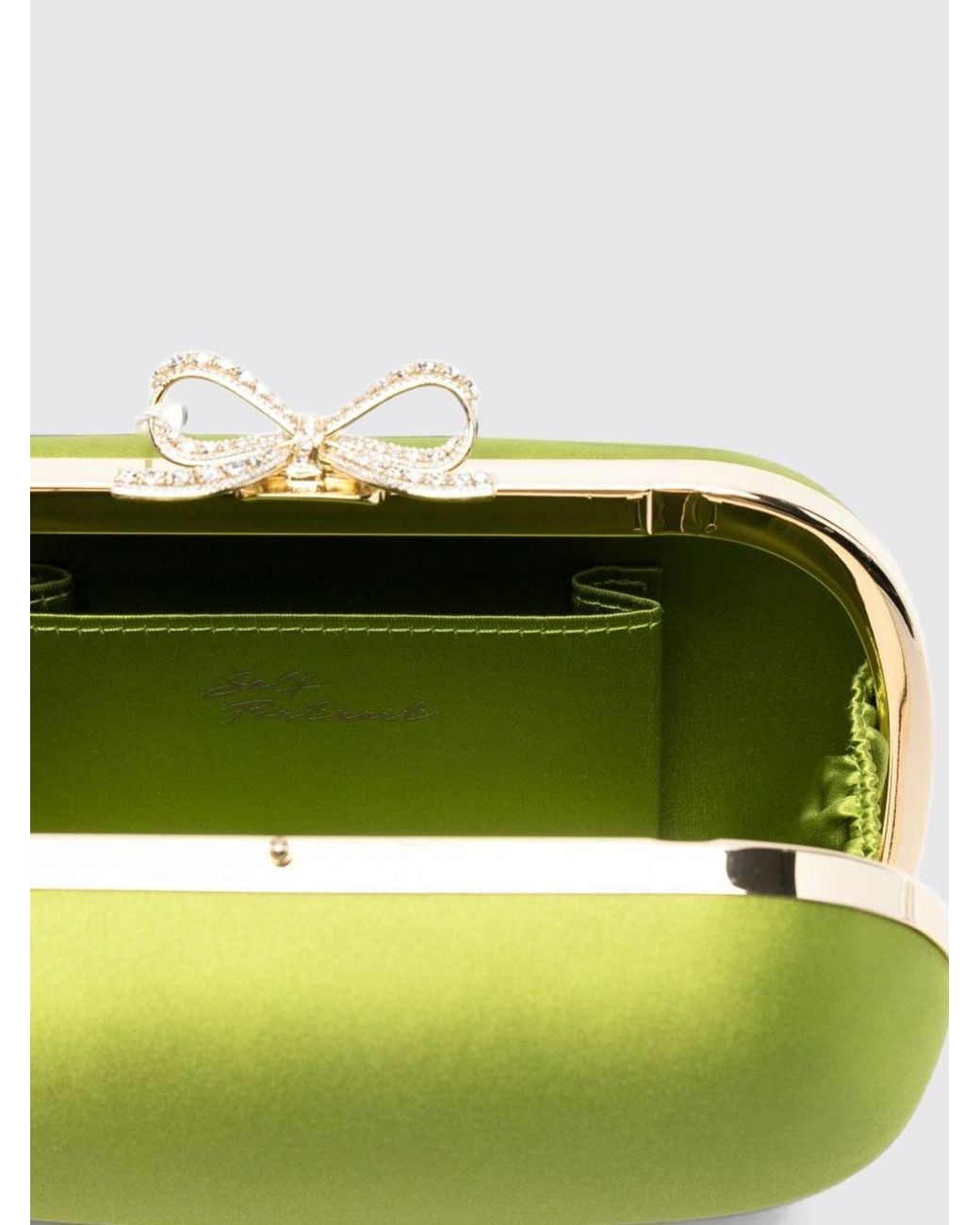 Self-Portrait Green Oval Satin Mini Clutch With Bow And Crystal Embellishments