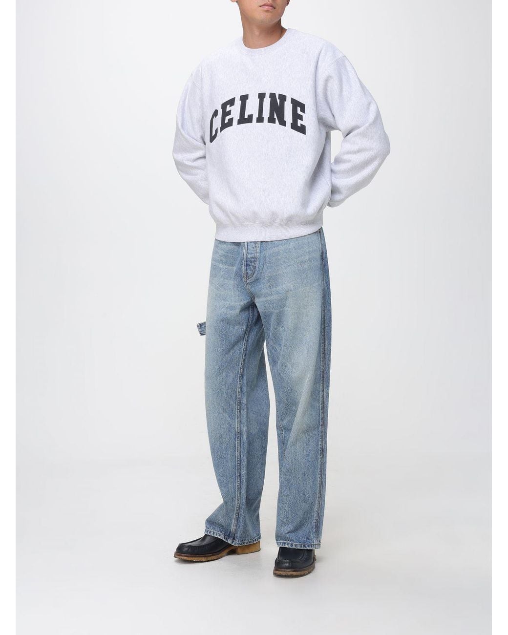 Céline Gray Relaxed Fit Cotton Crewneck Sweatshirt With Contrast Logo for men