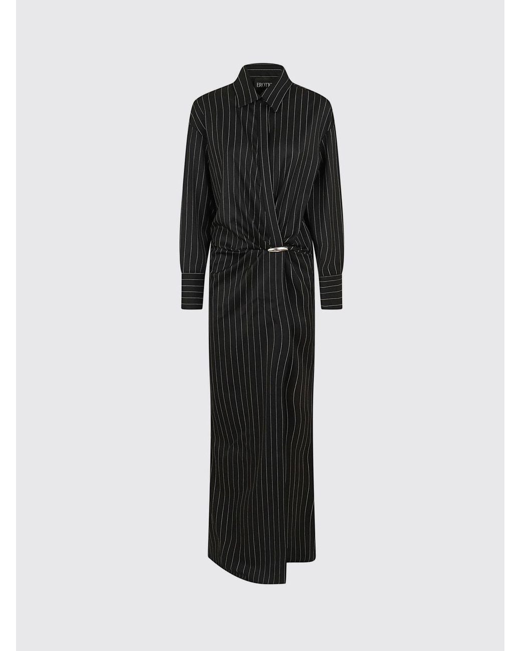 Dondup Black Striped Virgin Wool Long Sheath Dress With Draped Waist