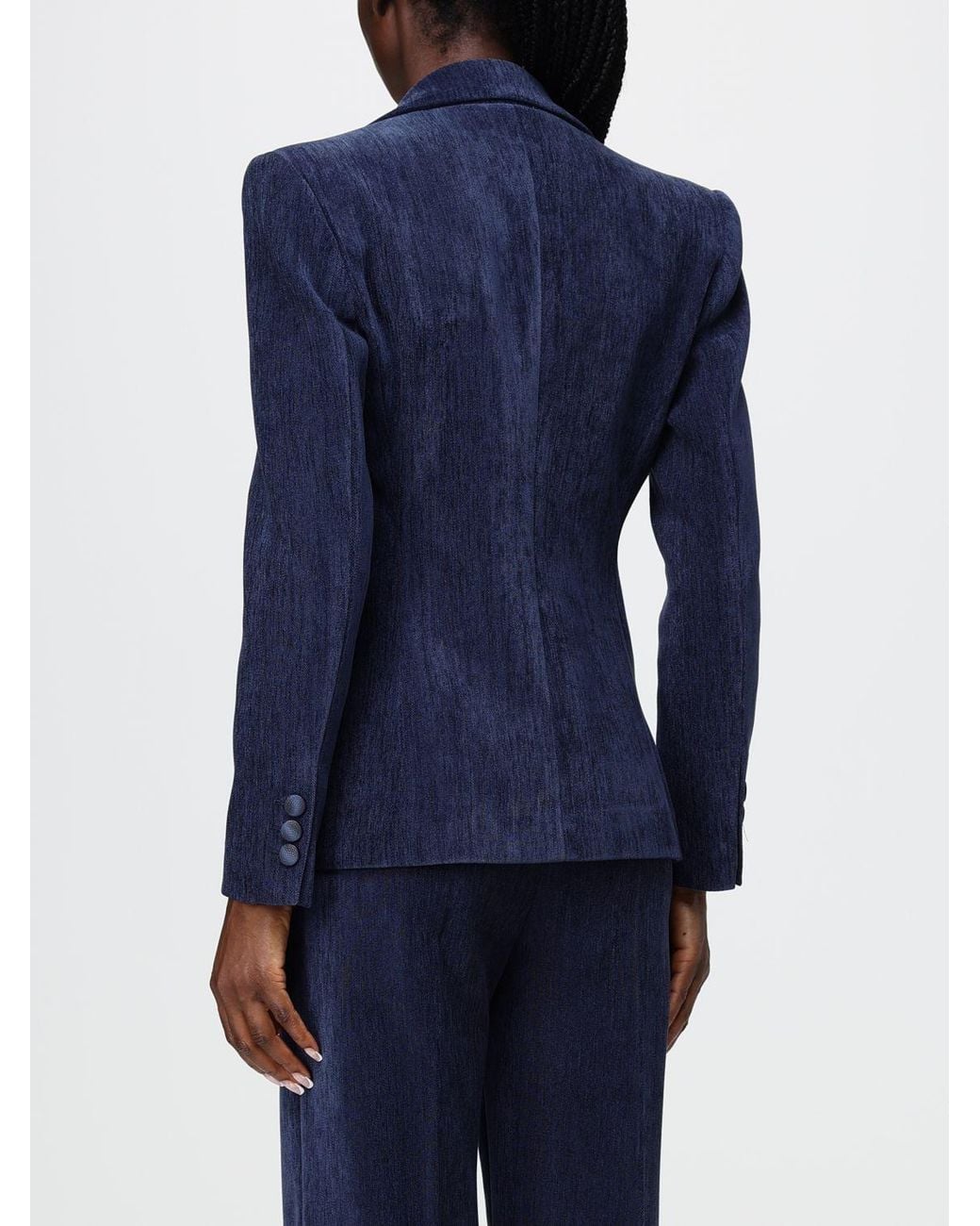 Hanita Blue Single-Breasted Velvet Blazer With Lapel Collar And Slit Pockets