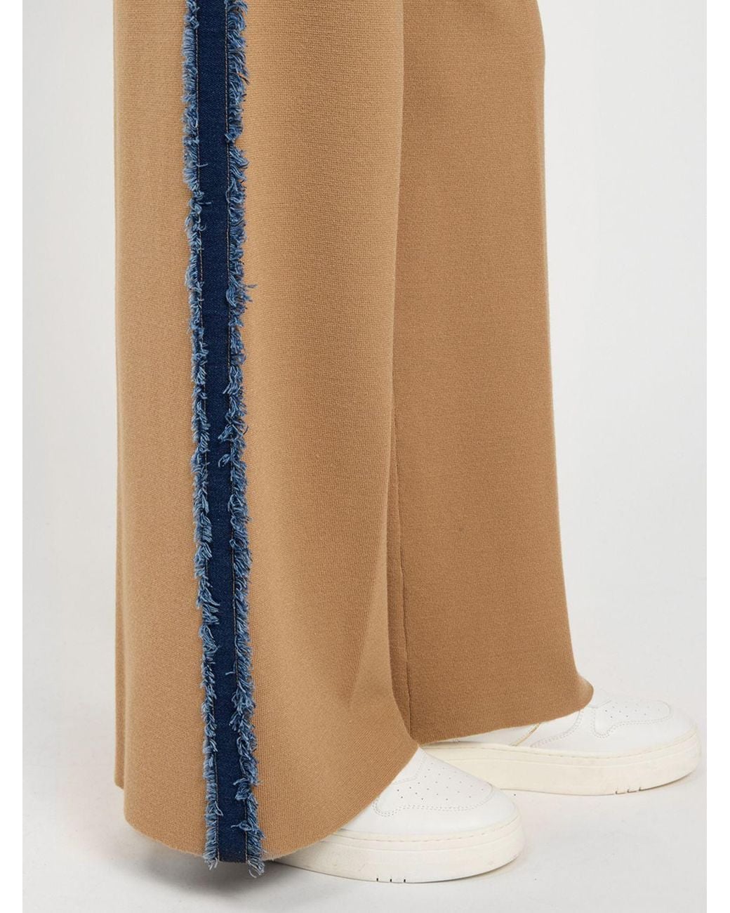 Twinset Natural High-Waisted Wide-Leg Knit Trousers With Contrasting Denim Inserts
