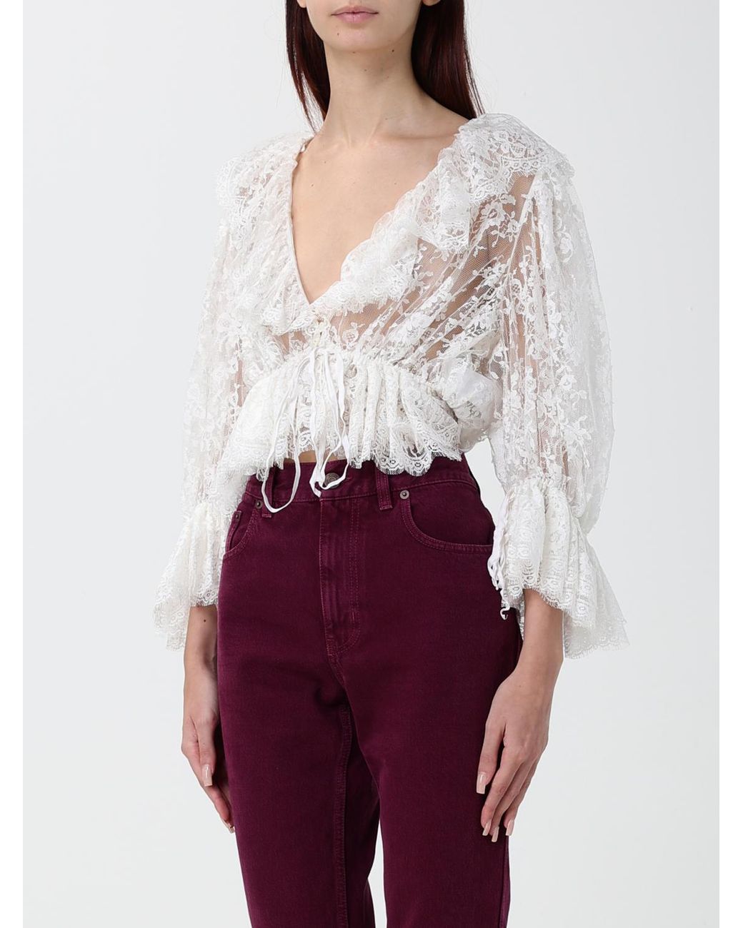 Chloé Chlo&Eacute Draped Lace Cropped Blouse With Deep V-Neck And Flared Sleeves