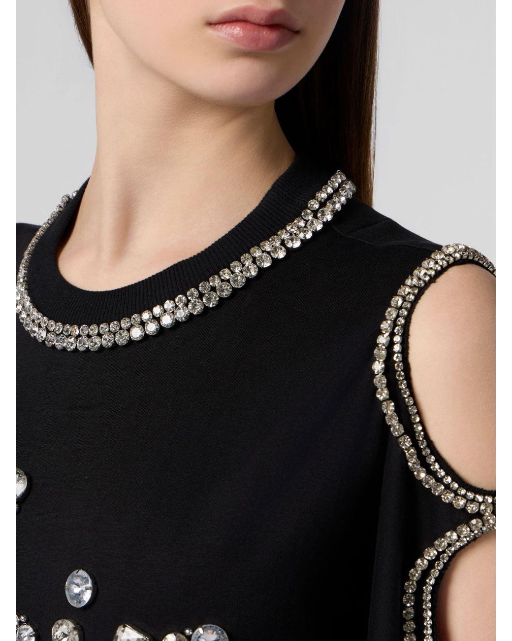 Philipp Plein Black Cut-Out Cotton Sheath Mini Dress With Rhinestones