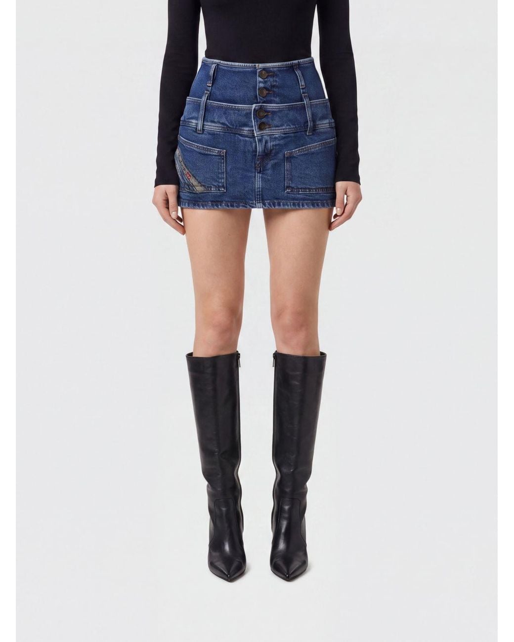 DIESEL Blue De-Coriva-S High-Waisted Cotton Mini Skirt With Patch Pockets