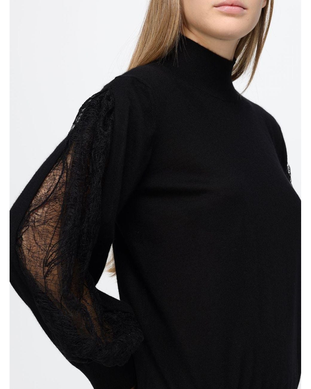 Fabiana Filippi Black Cashmere And Silk Jumper With Balloon Sleeves And Lace