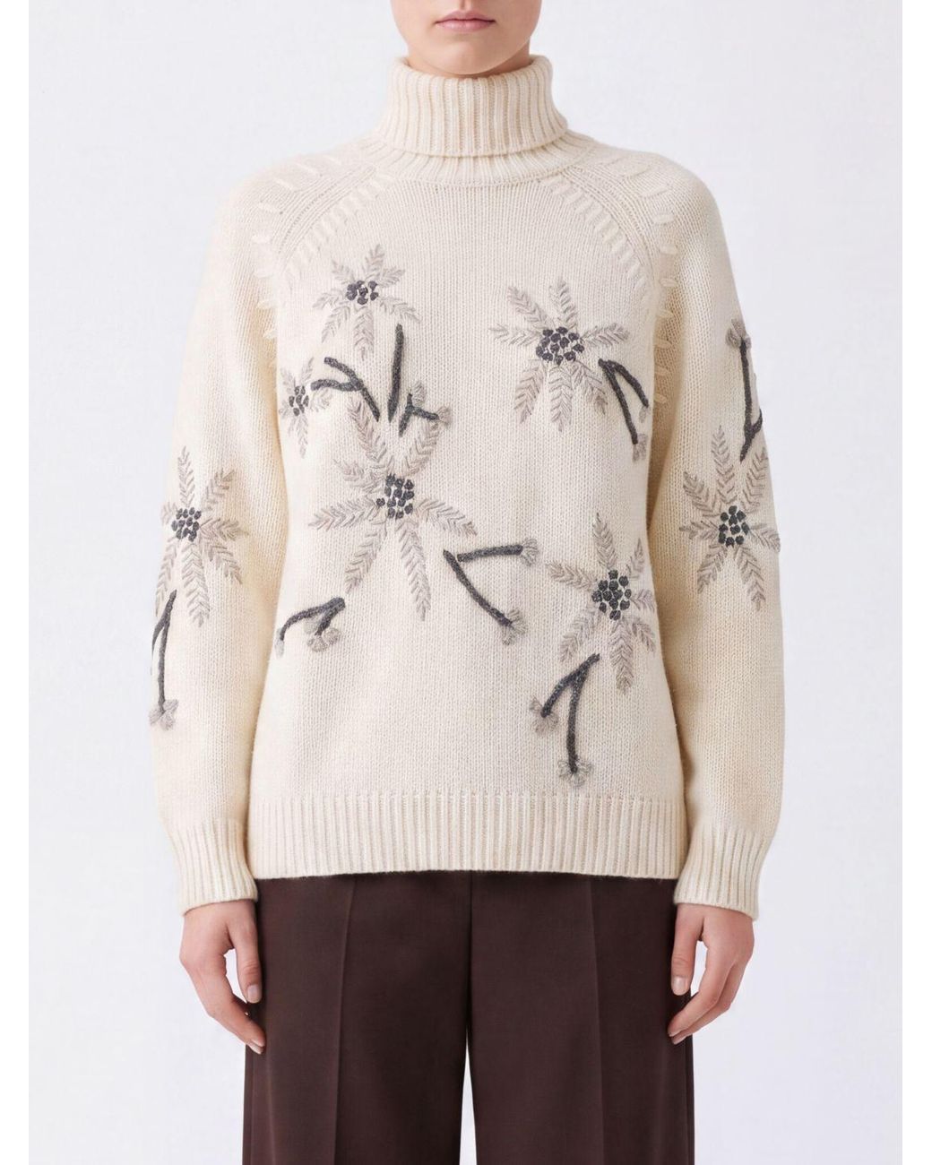 P.A.R.O.S.H. Natural P.A.R.O.S.H. Floral Jacquard Cashmere Turtleneck Sweater