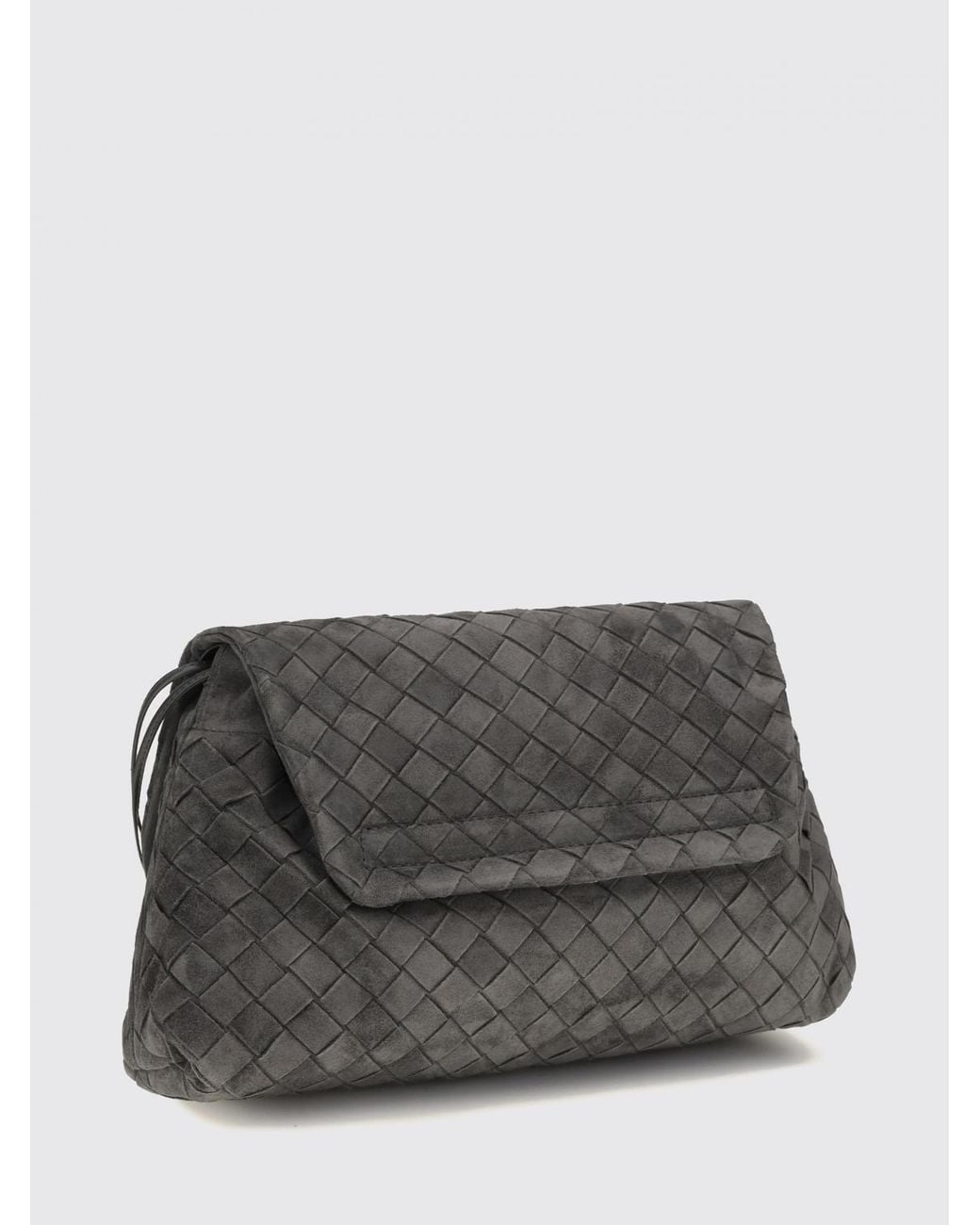 Bottega Veneta Gray Giorno Woven Calfskin Shoulder Bag With Flap Closure