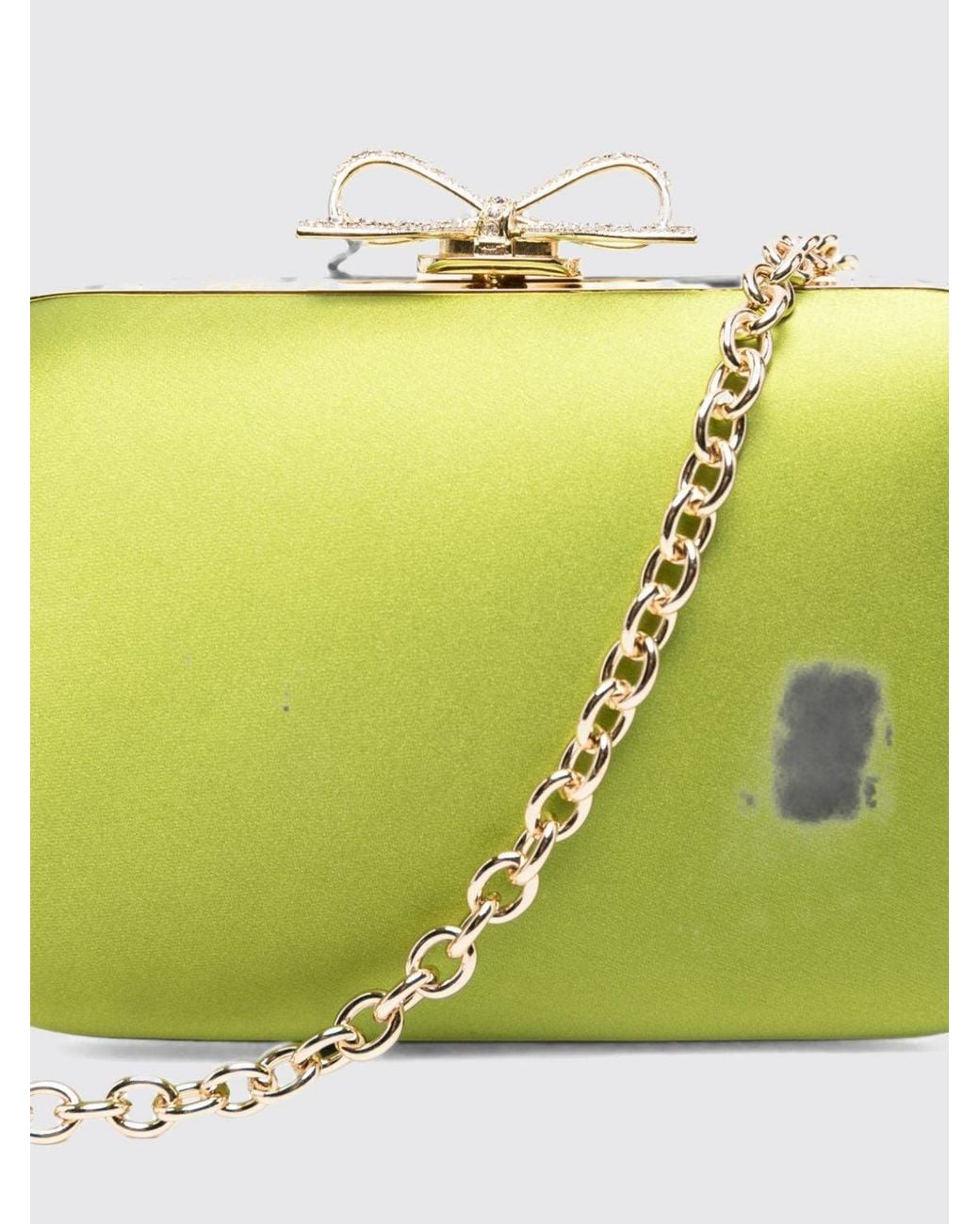 Self-Portrait Green Oval Satin Mini Clutch With Bow And Crystal Embellishments