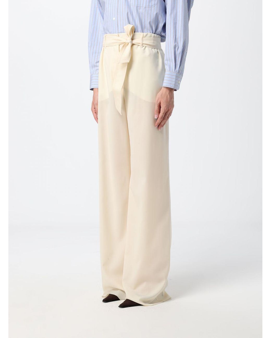 Max Mara White Wide Leg Virgin Wool Trousers With Tie Belt