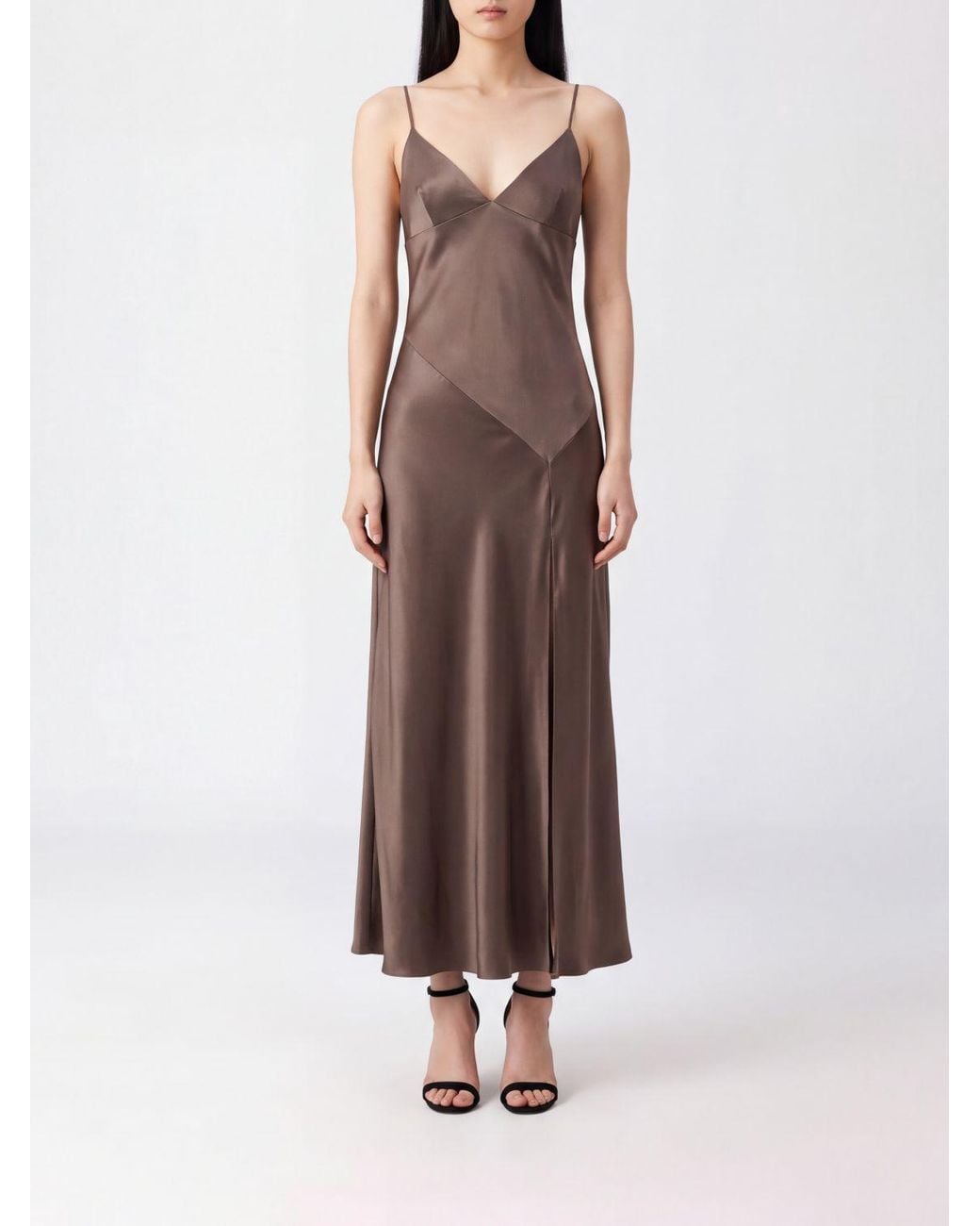 Alberta Ferretti Long Slip Dress in Brown | Lyst