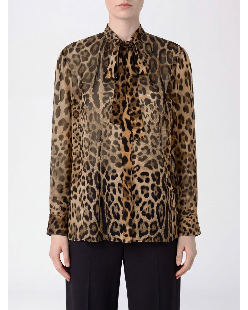 Dolce & Gabbana Brown Dolce &Amp Gabbana Animal Print Silk Blouse With Pussy-Bow Collar