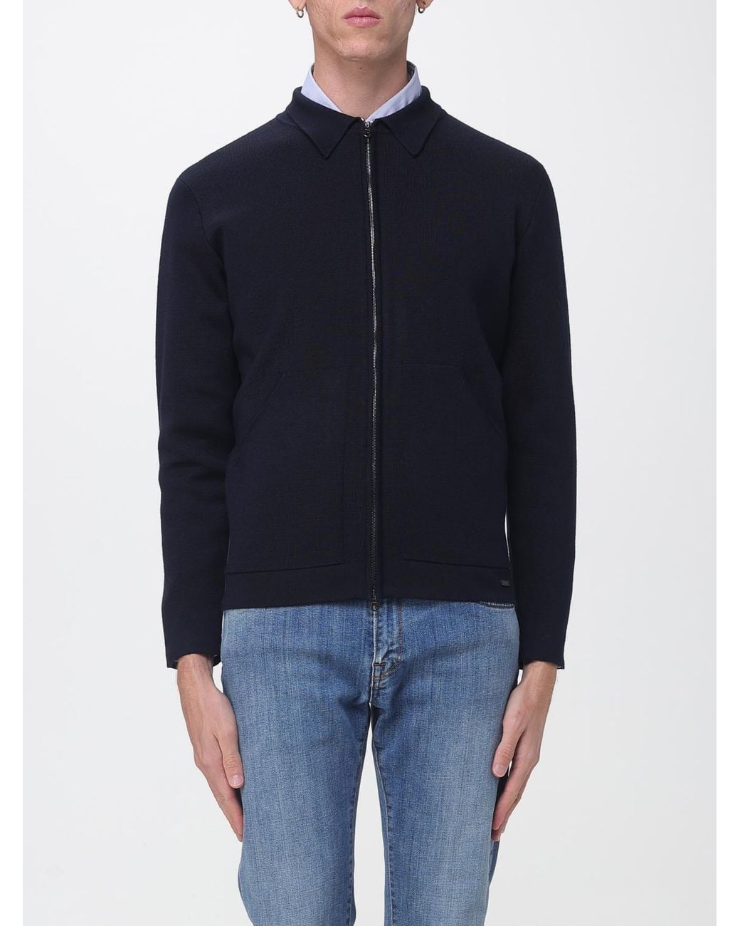 Brooksfield Blue Wool Blend Zip-Up Cardigan Jumper With Classic Collar for men