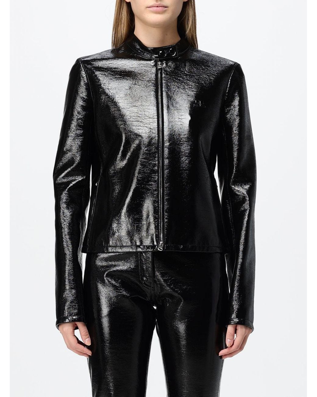 Courreges Black CourrÈ Ges Faux Leather Biker Jacket With High Neck And Zip Closure