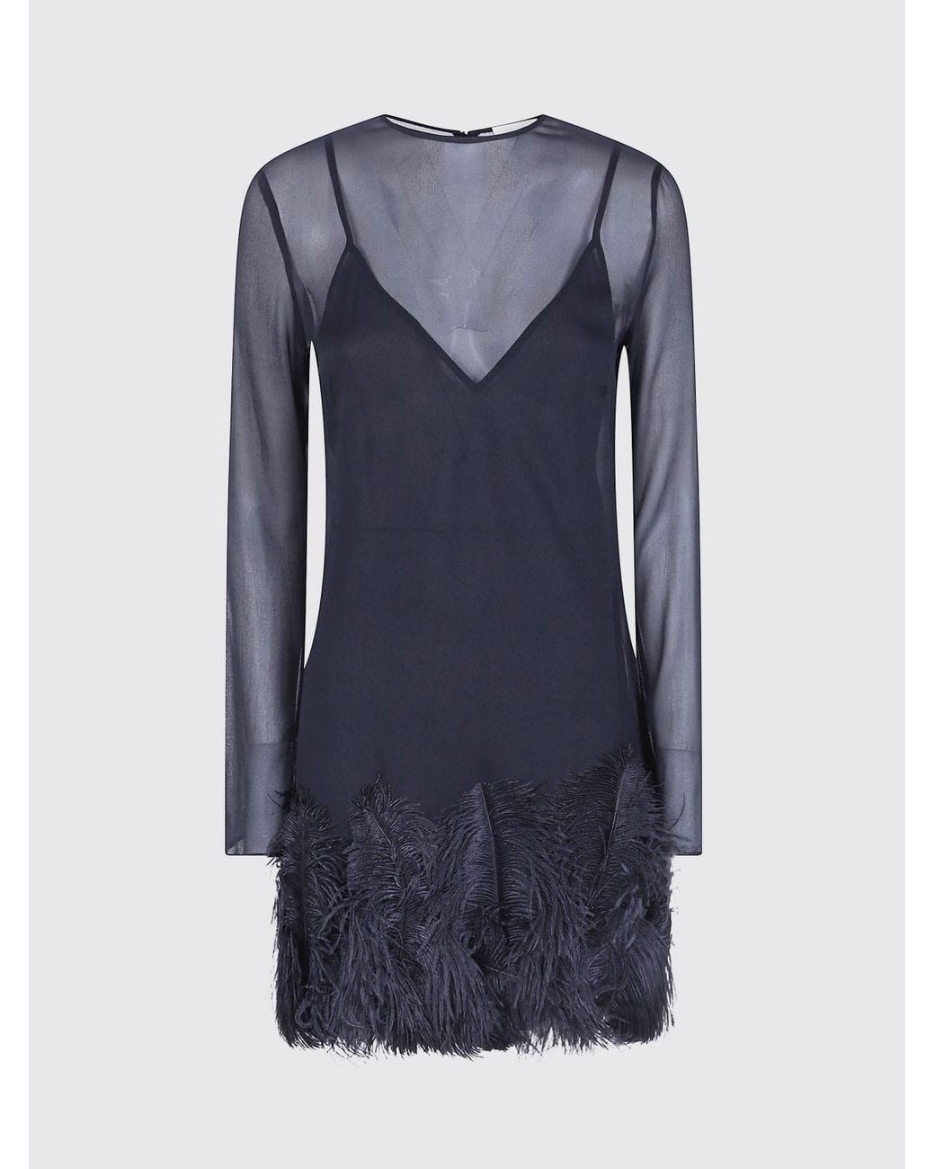 Semicouture Blue Long-Sleeved Chiffon Mini Sheath Dress With Feathers