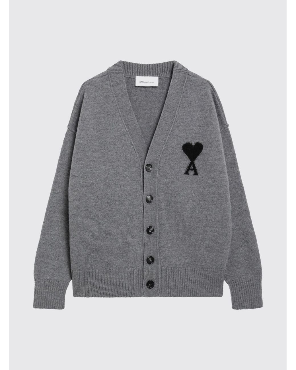 AMI Gray V-Neck Pure Wool Cardigan With Contrast Logo for men