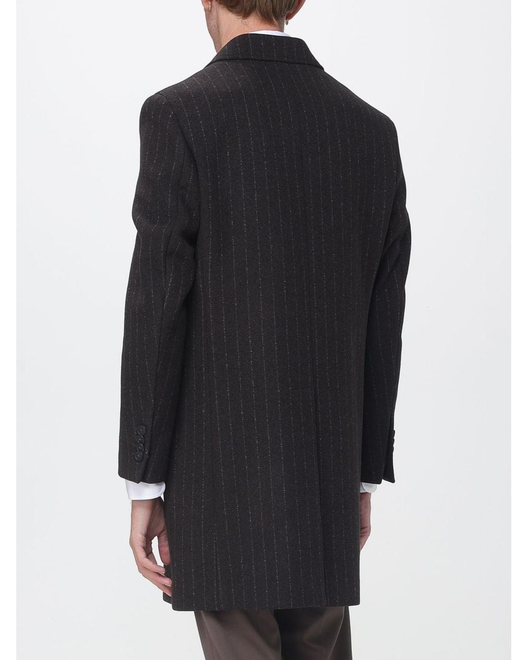 Manuel Ritz Black Pinstriped Wool Double-Breasted Coat With Peak Lapels for men