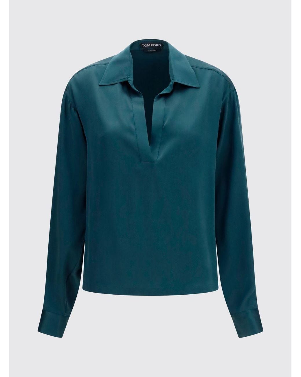 Tom Ford Blue V-Neck Silk Blouse With Long Dropped-Shoulder Sleeves
