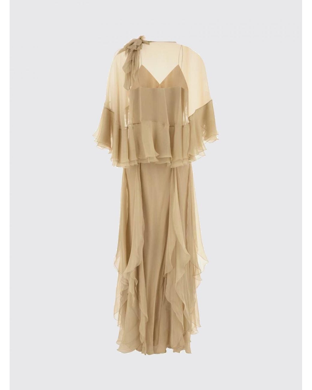 Alberta Ferretti Natural Sleeveless Embroidered Silk Gown With Ruffle Details